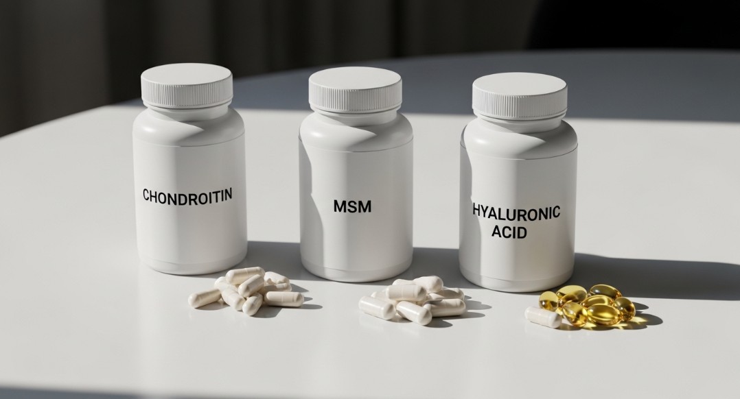 Ilustrasi pelbagai jenis suplemen untuk sendi.